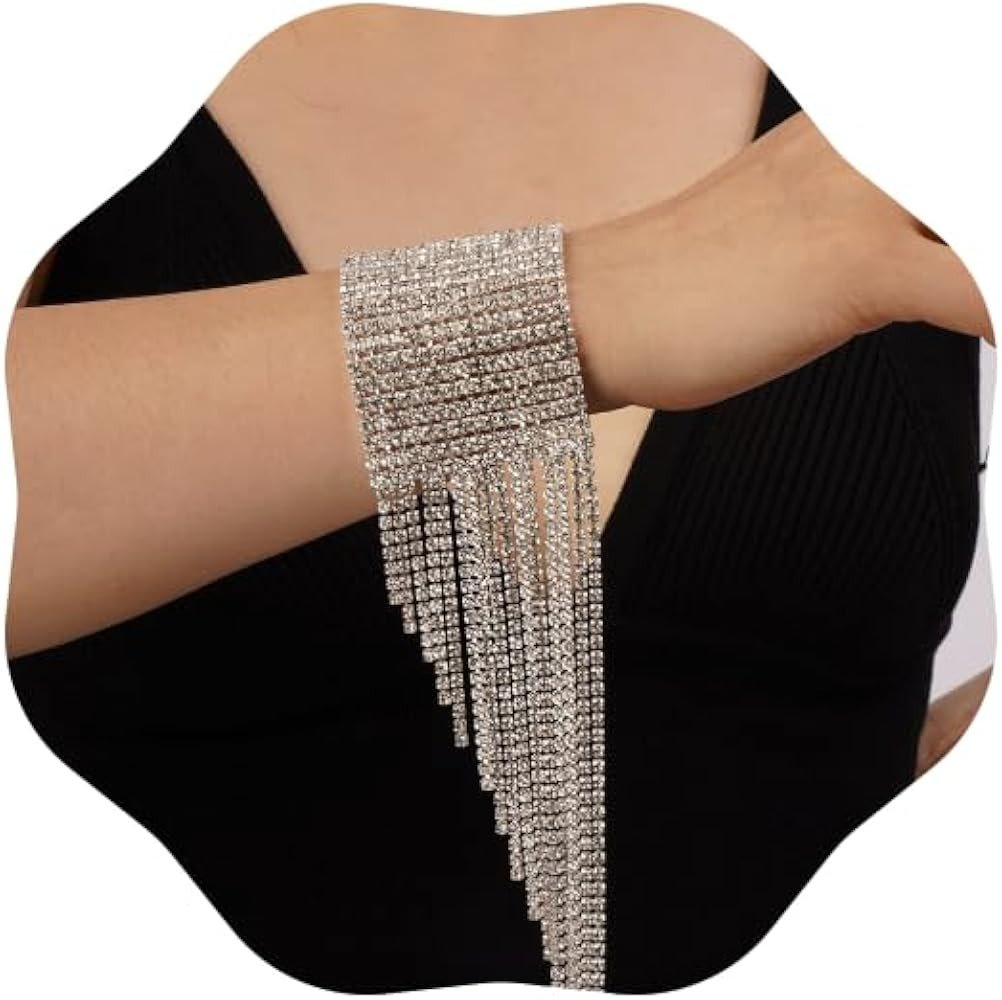 Chargances Silver Glitter Crystal Bangle Bracelet Thinestone Tassle Fringe Bracelet Bling Tennis ... | Amazon (US)