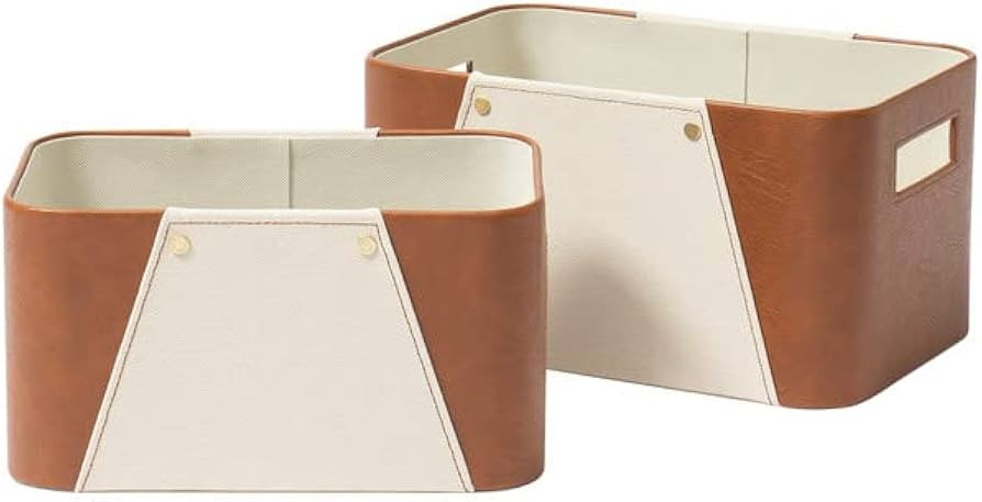 LA JOLIE MUSE Storage Baskets for Organizing, 2 Pack, Storage Cube Boxes Luxury Brown Vegan Leath... | Amazon (US)