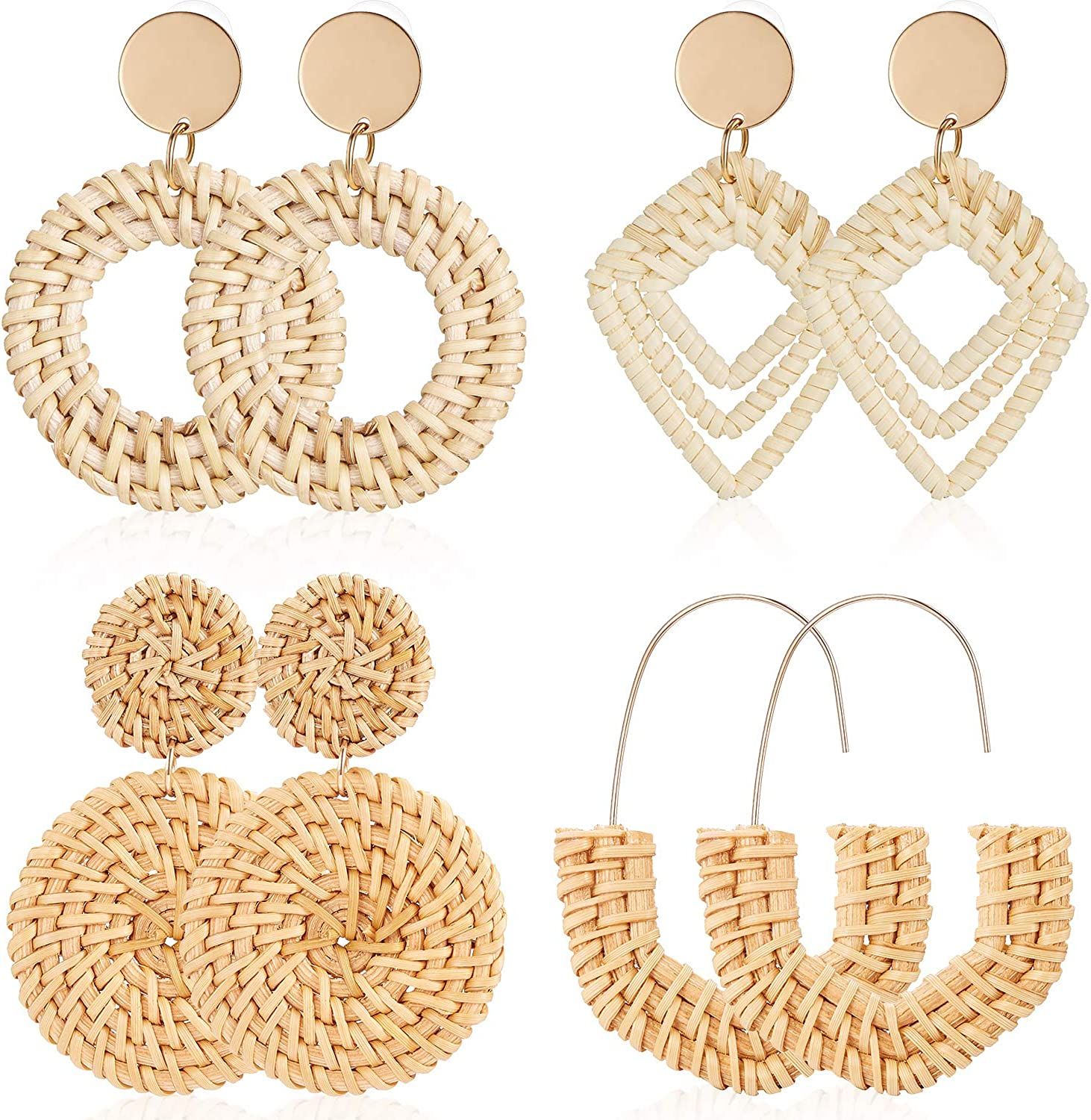 4 Pairs Rattan Earrings Lightweight Geometric Statement Tassel Woven Bohemian Earrings Handmade S... | Amazon (US)