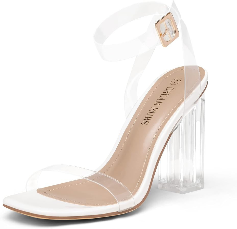 DREAM PAIRS Women's Chunky Clear High Heels Sandals, Rhinestone Ankle Strap Open Square Toe Block... | Amazon (US)