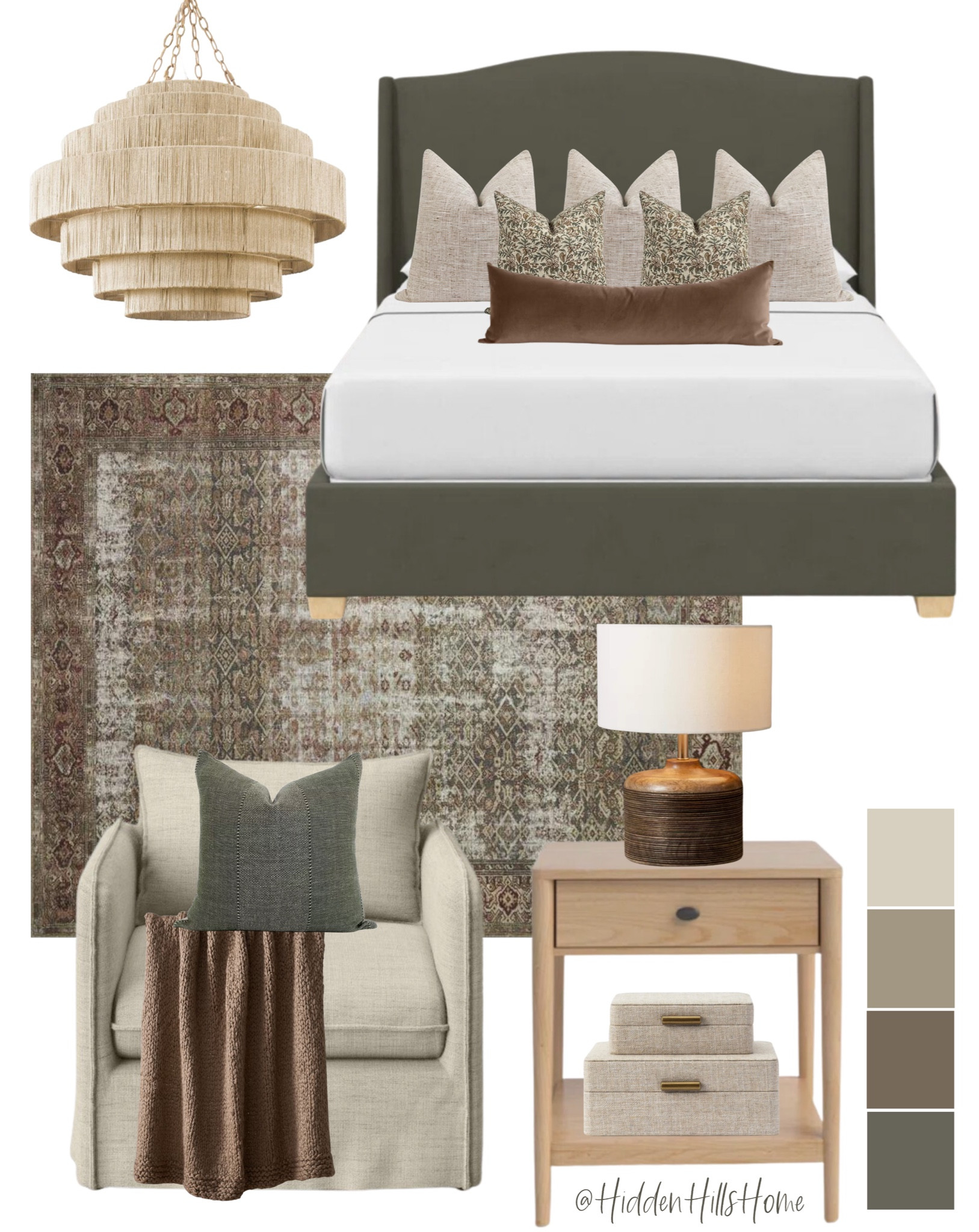 Bedroom decor, moody bedroom decor mood board, master bedroom design, primary bedroom ideas, green upholstered bed, nightstand #bedroom #homedecor

#LTKsalealert #LTKhome #LTKstyletip