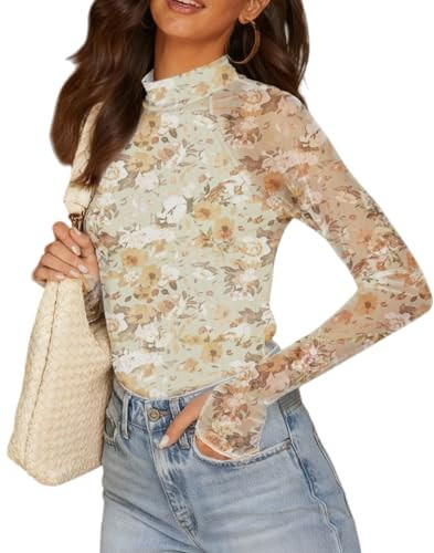 Dressmine Long Sleeve Mesh Shirts for Women Mock Neck Top Floral Undershirt with Thumb Hole Y2k Tight Shirt Green XX-Large | Amazon (US)