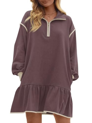 Wenrine Womens 2025 Fall Oversized Sweatshirt Dress Casual Long Sleeve Quarter Zip Ruffle Hem Pul... | Amazon (US)