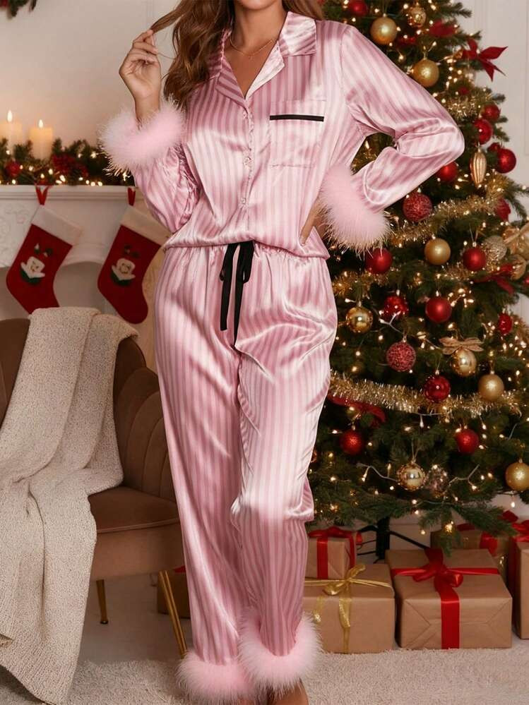 Women's Christmas 2 Piece Satin Lounge Set Long Sleeve Lapel Stripe Print Shirt Pants Sleepwear | SHEIN
