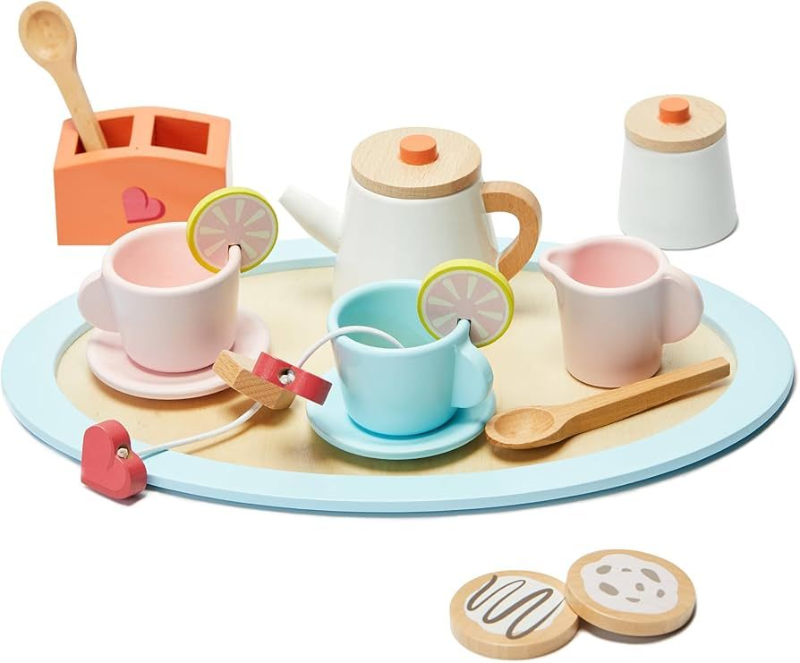 AOKAOK Wooden Tea Set for Little Girls - Play Kitchen Accessories, Kids Tea Party Set with Play F... | Amazon (US)