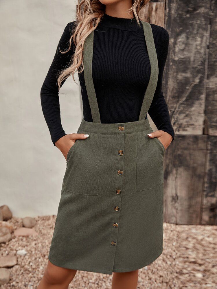Button Front Slant Pocket Corduroy Pinafore Skirt | SHEIN