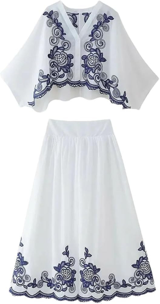 Women 2 Pieces Embroidery Midi Skirt Sets for Women Cropped Shirts Sets Women's Suit | Amazon (US)