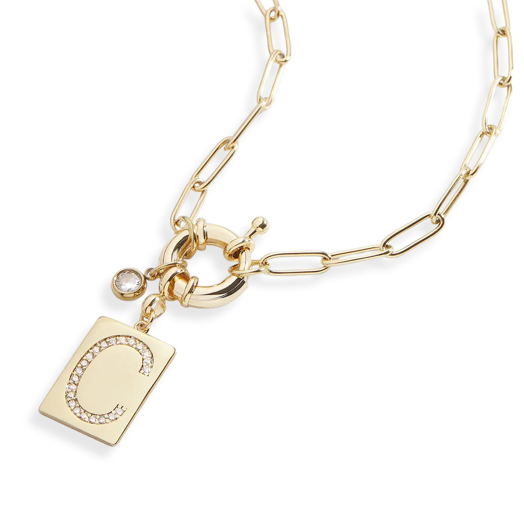 Pave Initial Pendant Necklace with Paperclip Chain | Mint & Lily