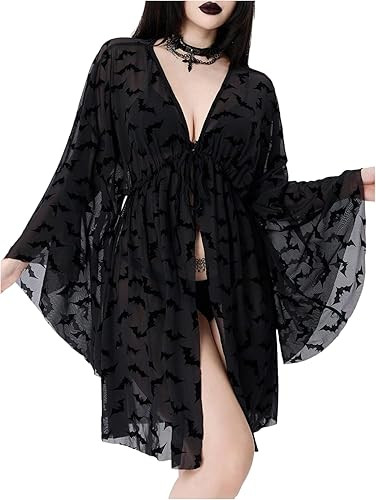 WDIRARA Women's Goth V Neck Tie Front Kimono Lightweight Cardigan Cover Up Kimono | Amazon (US)