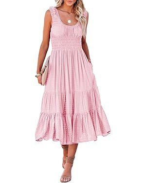 AlvaQ Women Summer Dresses Sleeveless Smocked Midi Dress High Waist Casual Tiered A Line Sundress... | Amazon (US)