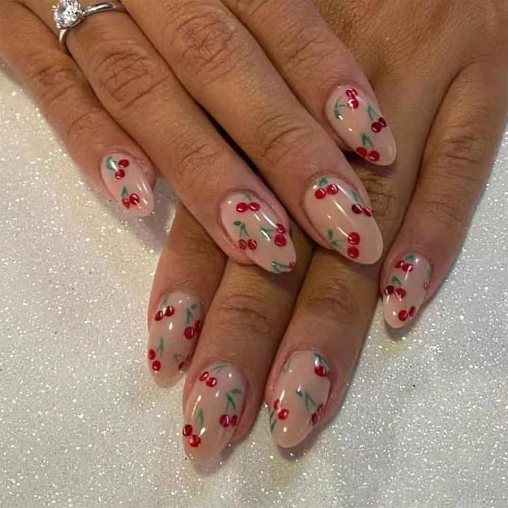 Cute Cherry Press on Nails Short Fake Nails Almond False Nails with Designs Nude Pink Acrylic Nai... | Amazon (US)