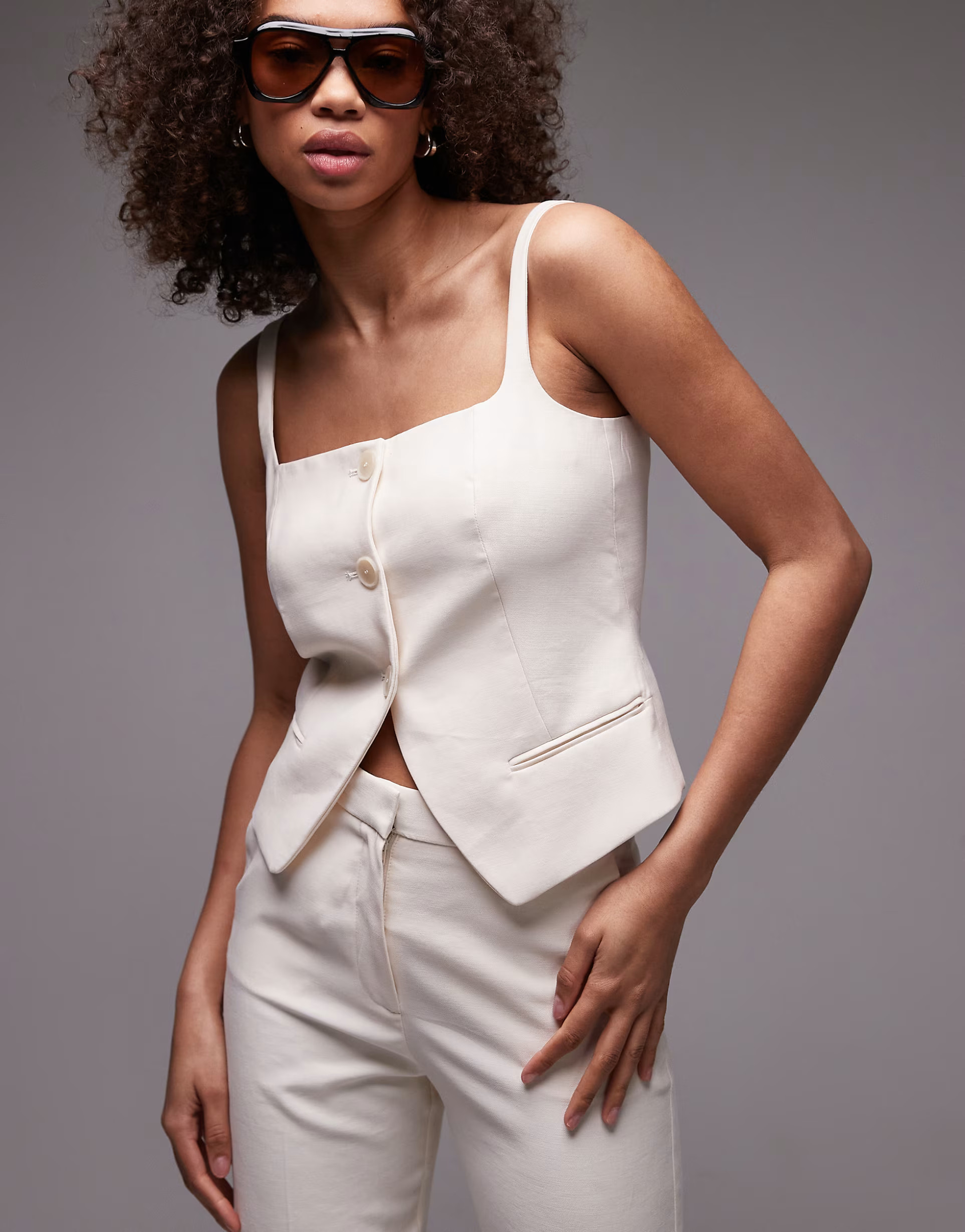 Mango linen look square neck waistcoat co-ord in beige | ASOS (Global)