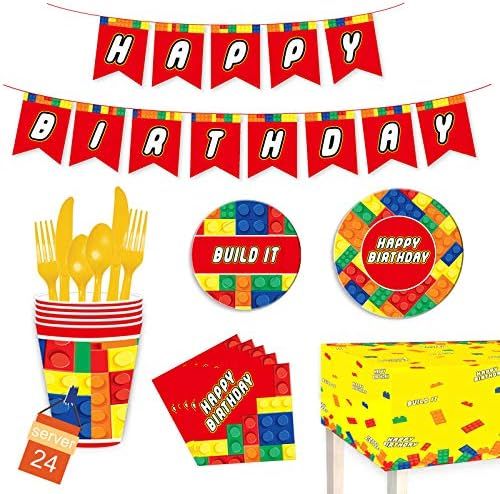 PRATYUS Building Block Party Supplies Including Plates, Cups, Napkins, Spoons, Forks, Knives, Tab... | Amazon (US)