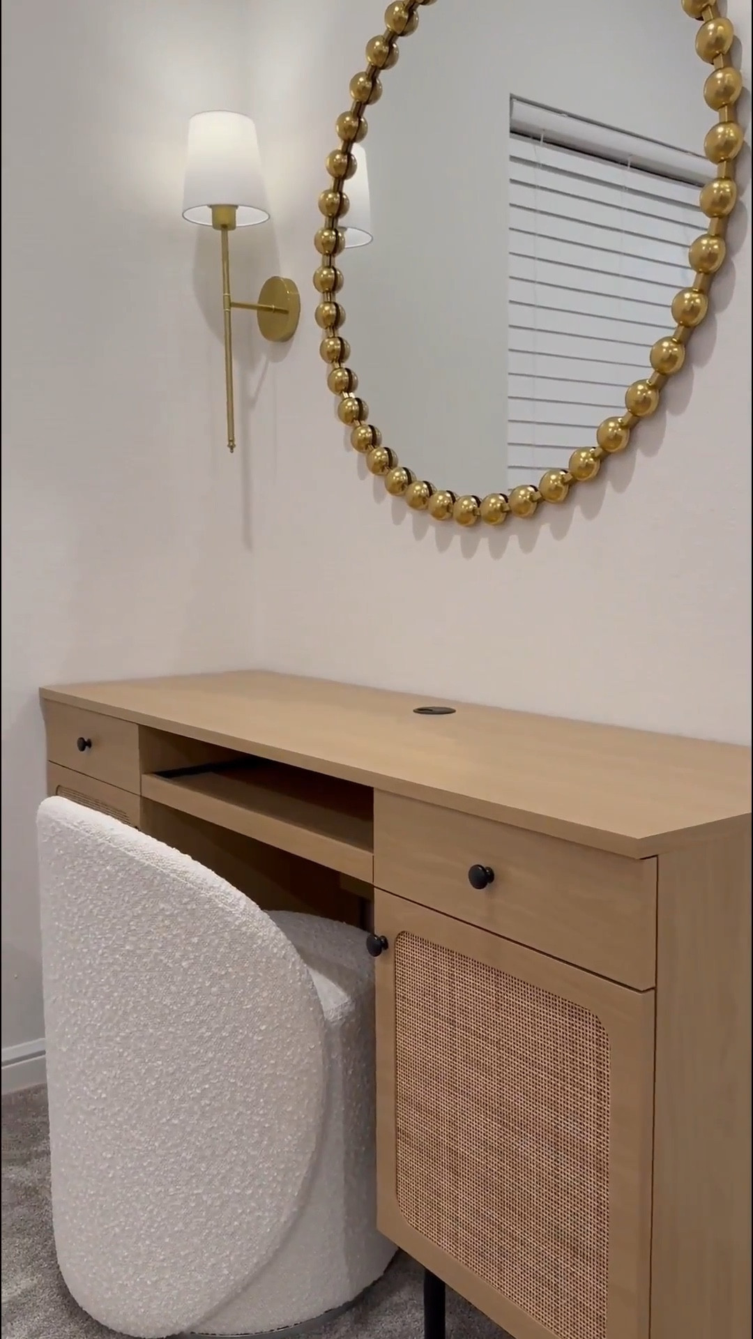 We found it! 😊 - The perfect desk  for smaller spaces….🤎 

It measures 55.5 inches in width & the wall is 57 inches. The mirror is 36x36 inches & the sconces are battery operated making them convenient to place anywhere! 🎉 …. Excited to share the rest of the room as we put it together 😊

#LTKStyleTip #LTKSaleAlert #LTKHome