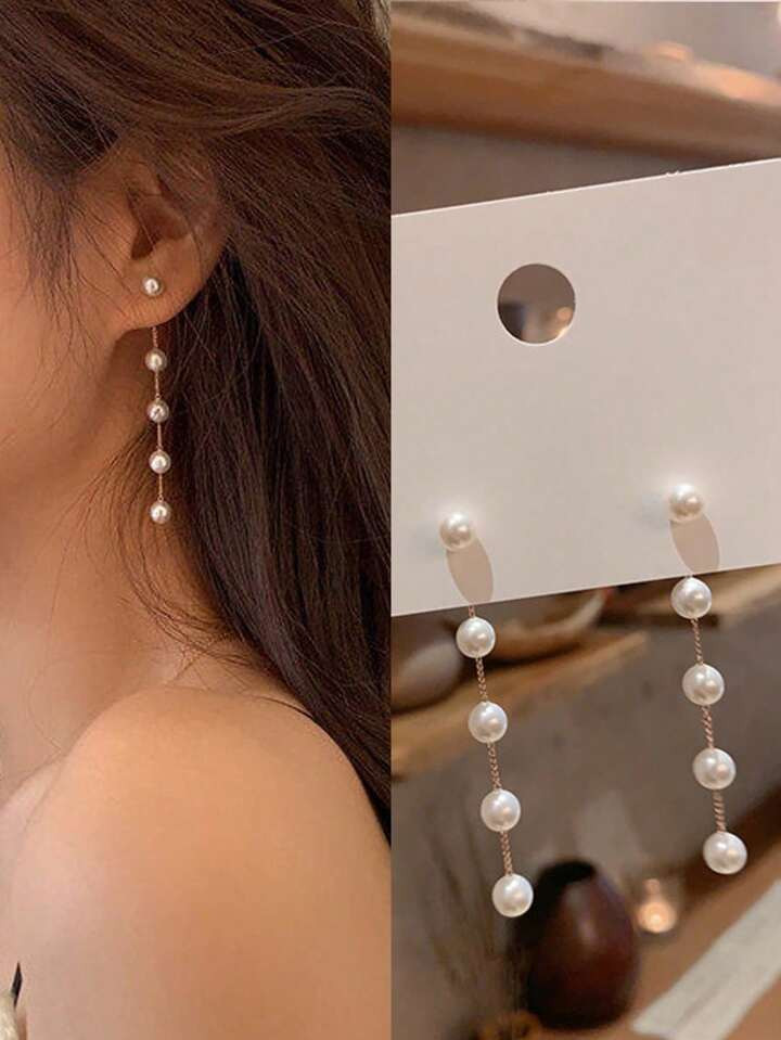 2pcs Simple Vintage Pearl Tassel Earrings, Women's Elegant Fashion Jewelry | SHEIN USA | SHEIN