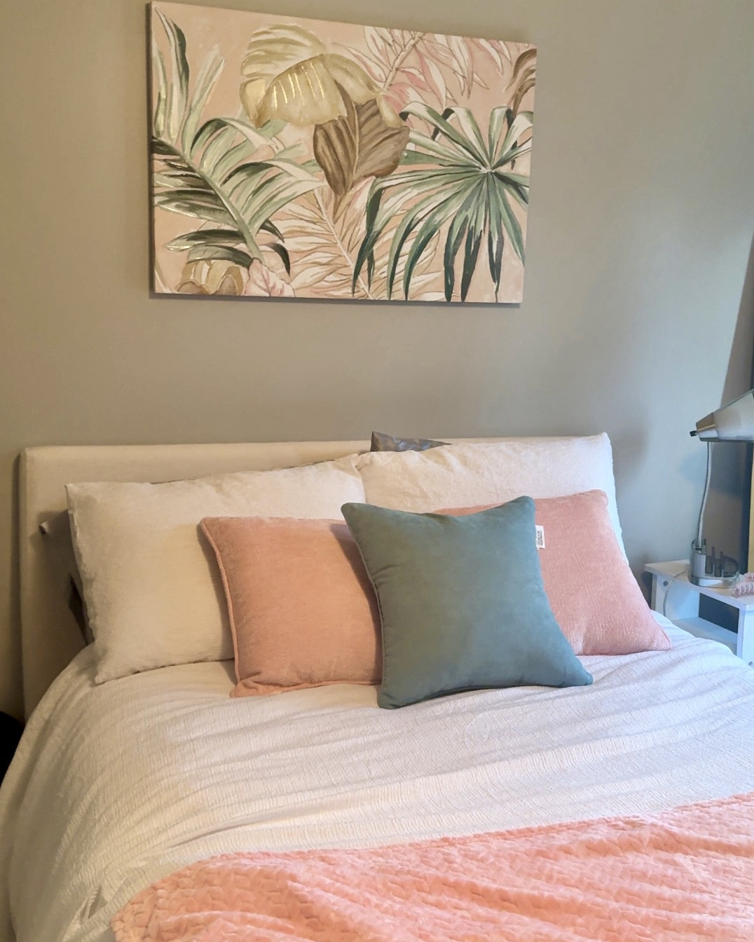 Summer bedroom inspiration with plant canvas, matching throw pillows, and a pink blanket 💗 the painting is 45x30!

#LTKSeasonal #LTKHome #LTKSaleAlert