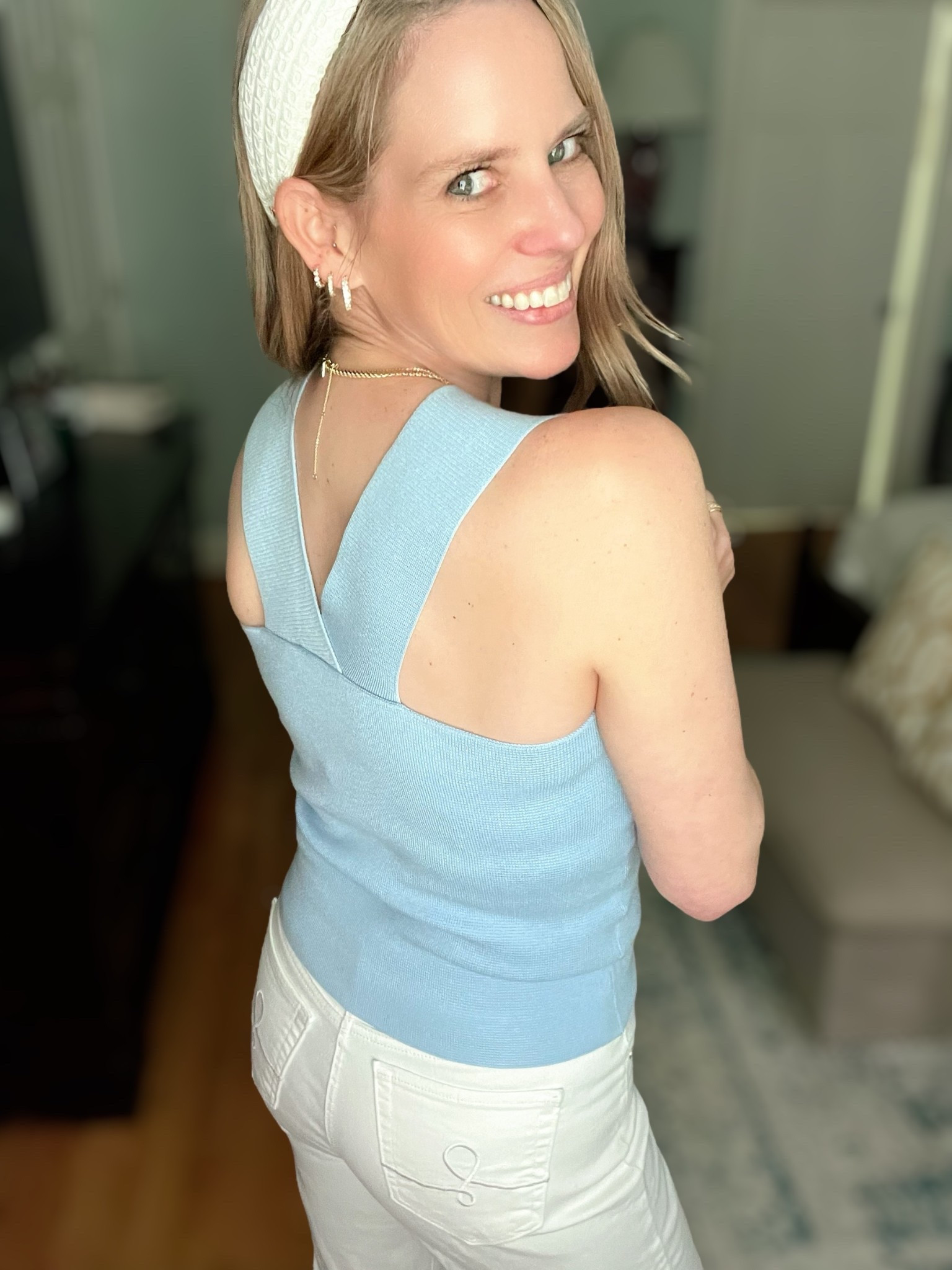 FREE HOOPS ALERT!
Now through 4/15, get a FREE pair of “She’s an Icon” 1” hoops with your Melinda Maria purchase of $115+! ✨ Use code ASHLEYBA at checkout for an extra 10% off your jewelry order!

This blue & white look is giving coastal chic meets classic prep — fresh, polished, and perfect for spring!

I’m wearing a square-neck knit tank in the prettiest powder blue 💙 with a flattering cross-back detail. Paired it with high-rise white jeans (wearing size 0) featuring chic gold statement buttons and the comfiest white espadrille wedges that add just the right amount of height ⛵. I accessorized with a textured white headband, Melinda Maria hoops + medallion necklace, and layered gold + pearl bracelets for a touch of shine ✨.

Outfit details:
• Powder blue knit tank top 💙 (stretchy + flattering fit)
• White button-fly jeans (Size 0 – TTS) 🤍
• White espadrille wedges (so comfy!) ☀️
• Padded eyelet headband
• Melinda Maria jewelry – hoops & coin pendant ✨
• Stacked gold & pearl bracelets
• Soft pink polish for a sweet finishing touch

Perfect for: Sunday brunch ☕, spring strolls 🌸, vacay looks ✈️, or your everyday errands in style!

#LTKSpringStyle | white jeans outfit | coastal chic | feminine casual style | spring fashion finds | Melinda Maria jewelry | preppy spring outfit | blue and white look | espadrille wedge style | everyday glam

#MelindaMariaHoops #LTKJewelry #FreeGiftWithPurchase #ClassicAndChic #SpringOOTD #PreppyLook #CoastalPrep #WeekendStyle


#LTKFindsUnder50 #LTKOver40 #LTKFindsUnder100