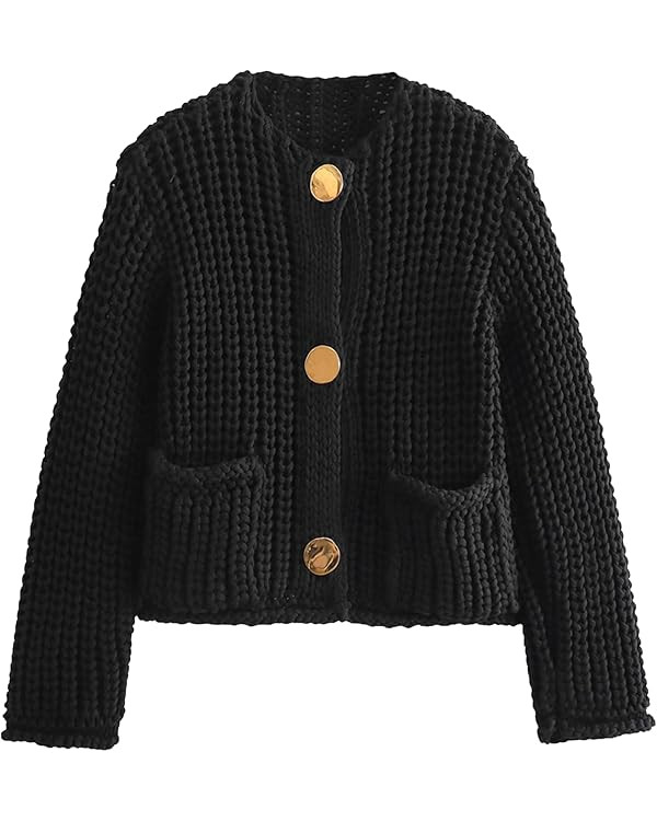 Womens Cropped Cardigan Sweaters Chunky Open Front Button Down Knit Sweater Long Sleeve Loose Car... | Amazon (US)