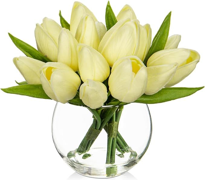 DILATATA Artificial Cream Tulips in Vase with Faux Water 6" Real Touch Flowers Fake Tulips Small ... | Amazon (US)