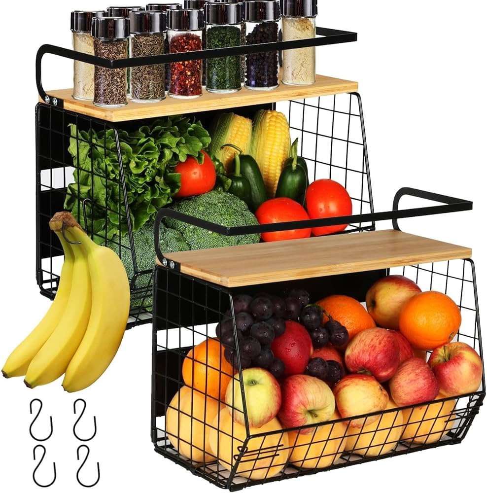 2 Set Magnetic Shelf for Refrigerator with Wood Lid, Fruit Potato & Onion Storage Bins, Pantry Or... | Amazon (US)