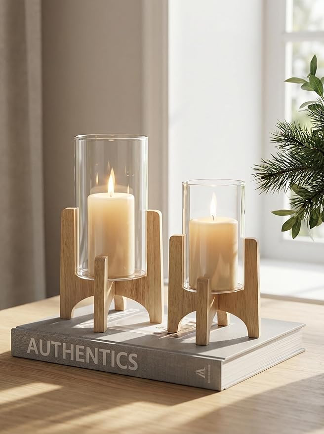 NUPTIO Hurricane Glass Candle Holders with Wood Stands, Set of 2 | Amazon (US)