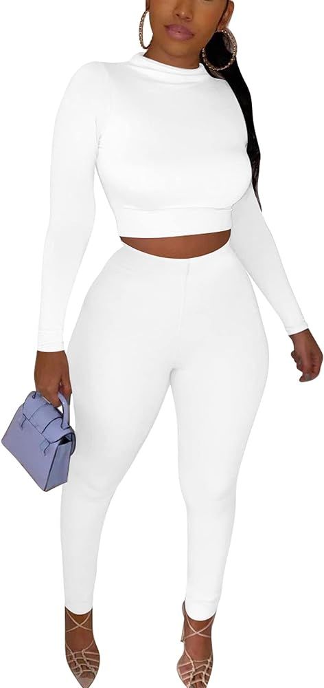 Women's Workout Tracksuit 2 Piece Outfits Long Sleeve Crop Top High Waist Legging Pants Set | Amazon (US)