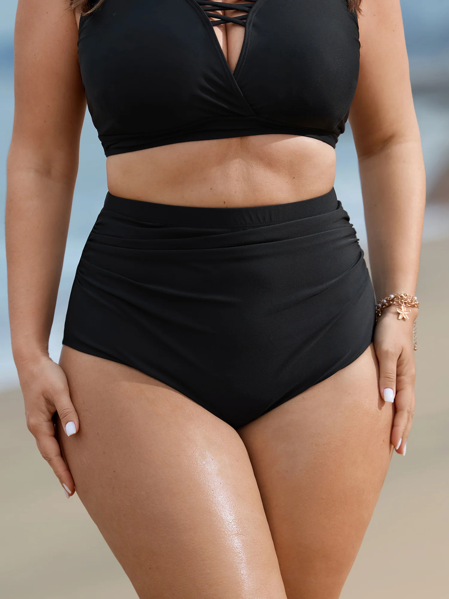 High Rise Ruched Plain Swim Bottoms | Bloomchic