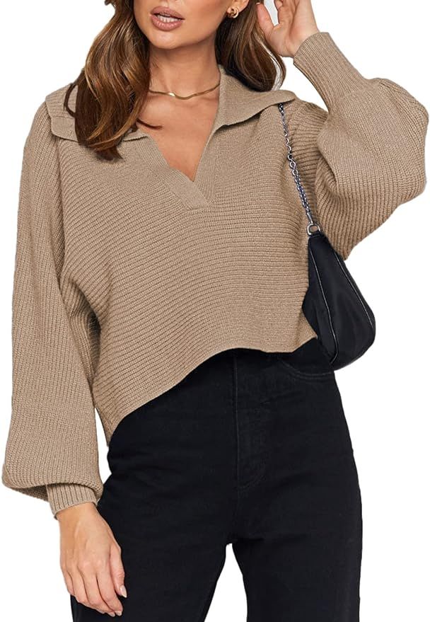 Kisscynest Women's V Neck Cropped Sweater Lantern Sleeve Ribbed Knit Lapel Collar Pullover Top Lo... | Amazon (US)