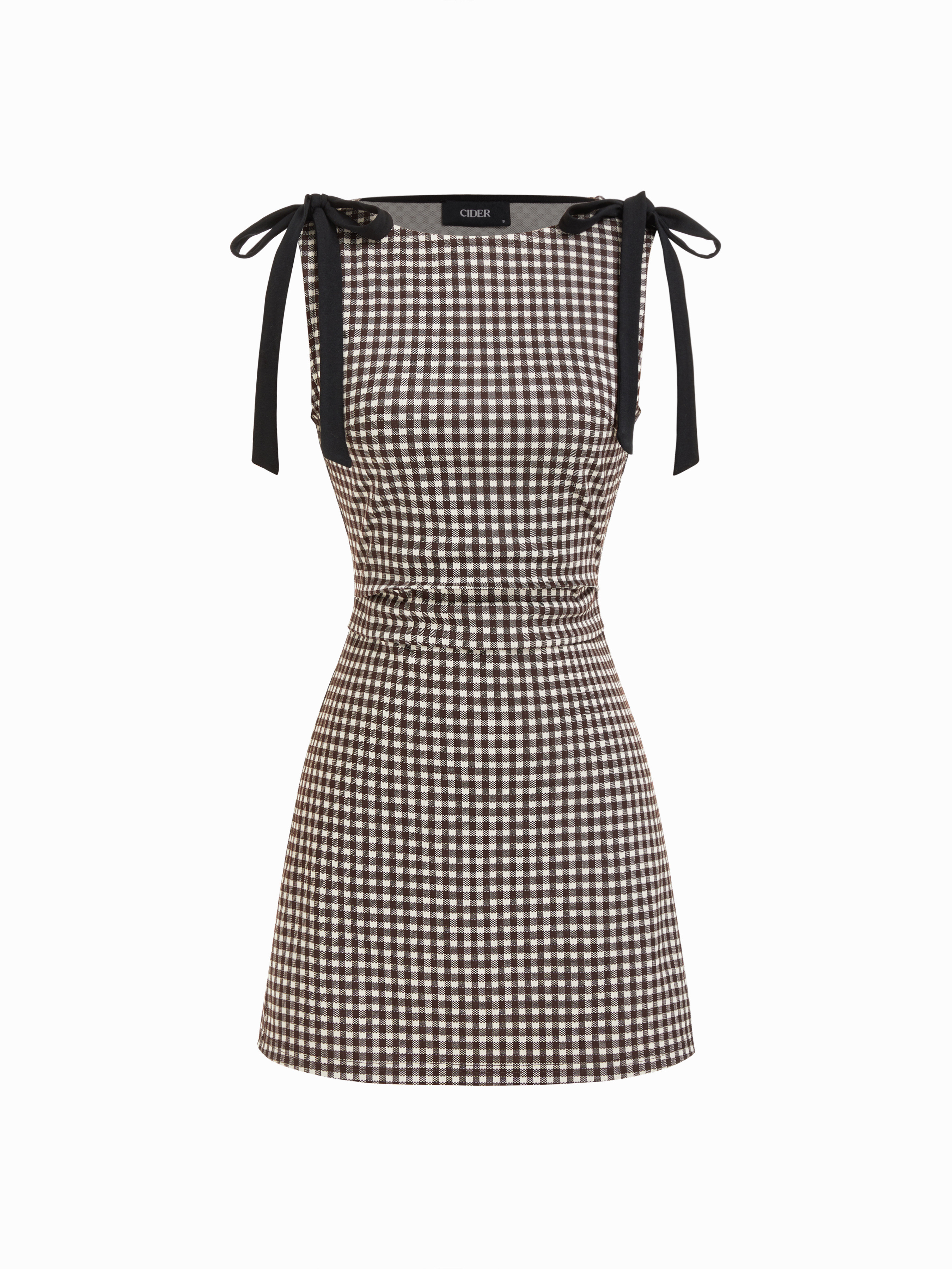 Knit Fabric Cotton-blend Gingham Boat Neck Bowknot Ruched Mini Dress For Daily Casual Date | Cider