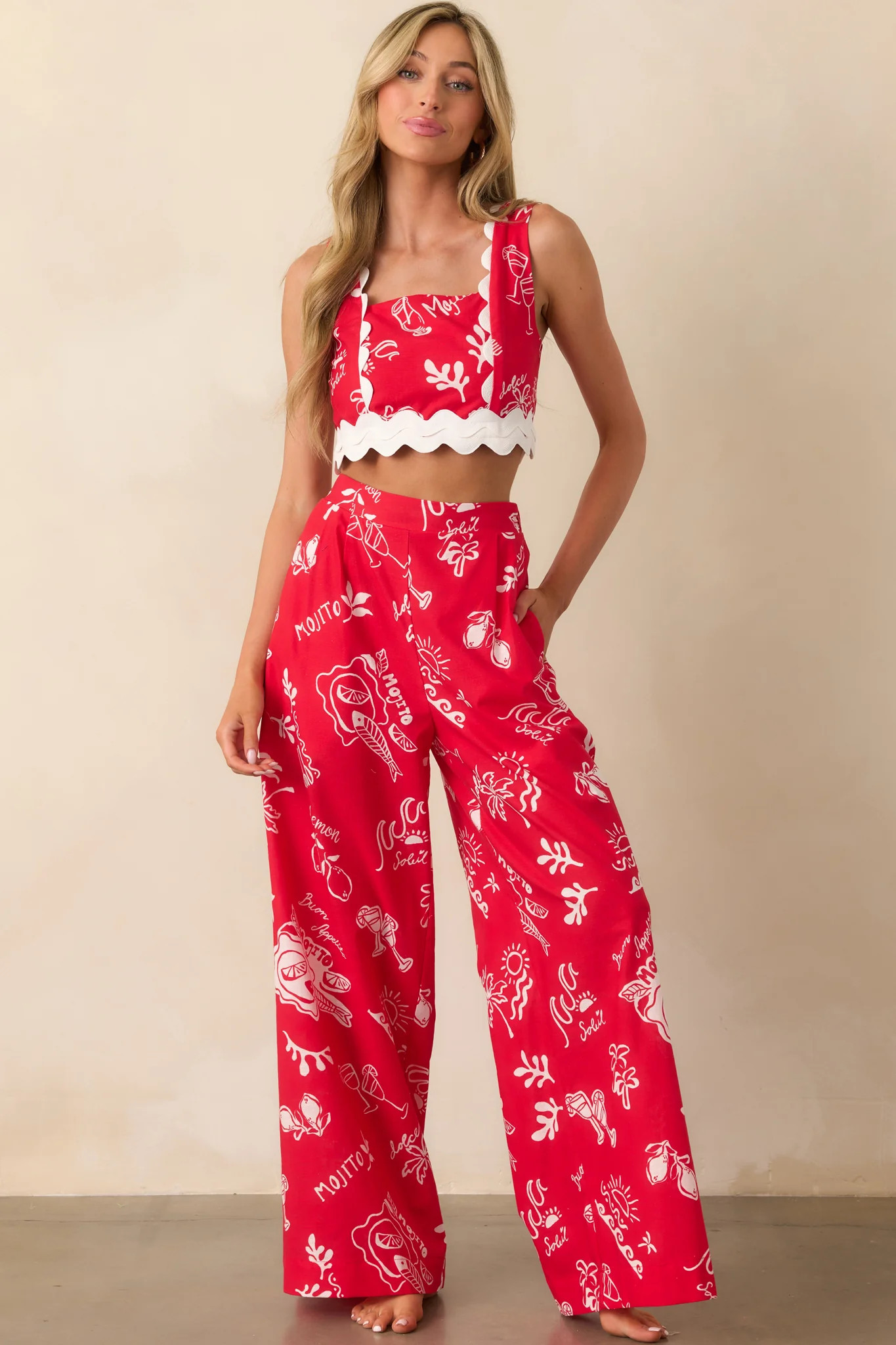 Prosperina Mia Red Mojito Print Scallop Crop Top | Red Dress