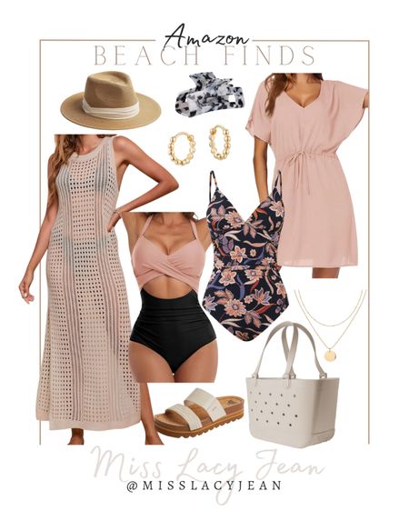Amazon beach finds include swim cover ups, swimming suits, beach bag, side sandals, gold necklace, beach hat, earrings, and hair clip.

Beach finds, swim finds, amazon swim, summer finds

#LTKfindsunder100 #LTKswim #LTKstyletip