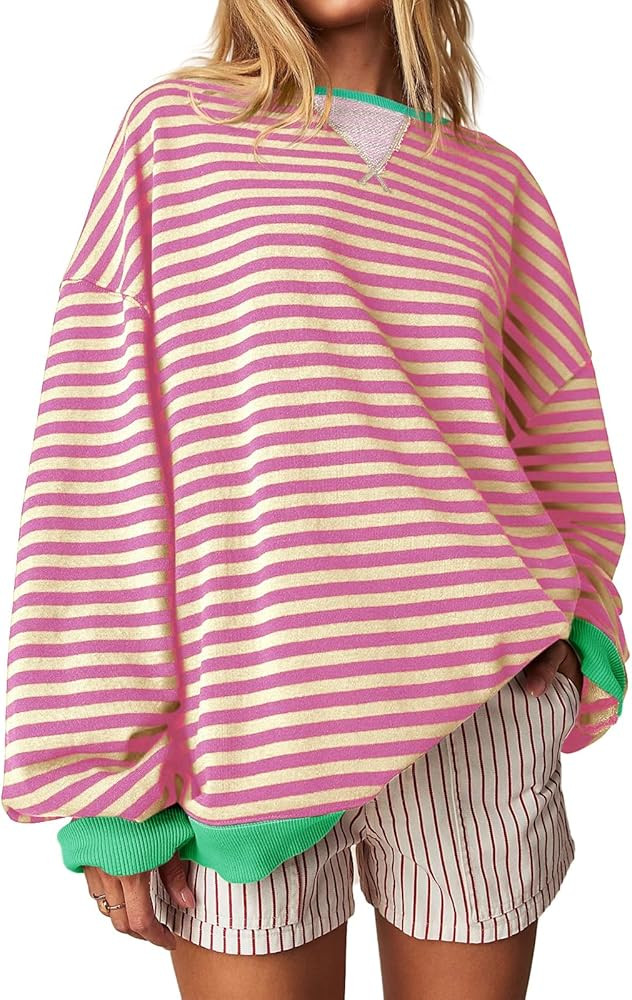 Fisoew Womens Striped Oversized Sweatshirt Color Block Crew Neck Long Sleeve Shirt Casual Loose P... | Amazon (US)