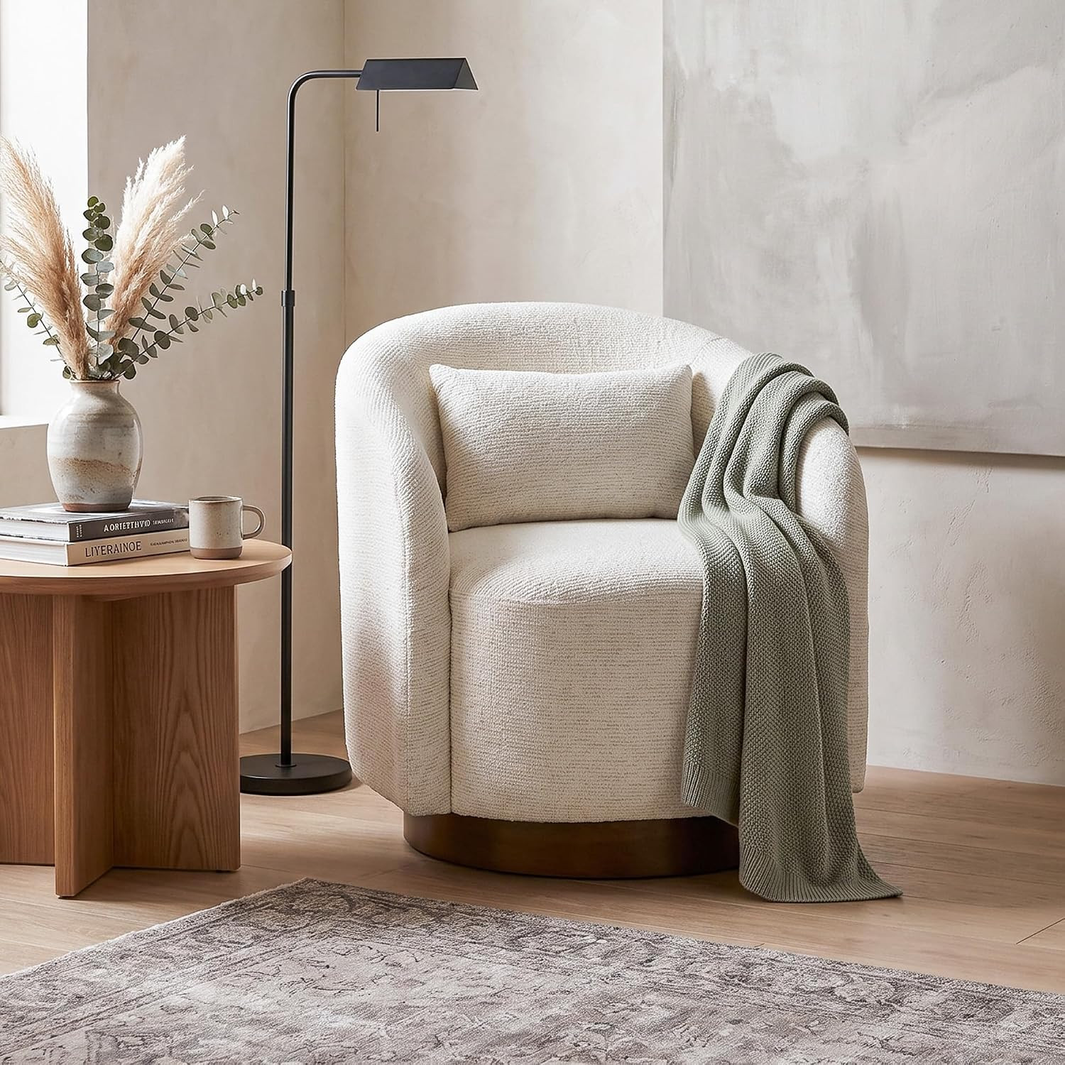 COLAMY Swivel Accent Chair for Living Room, Swivel Barrel Chair with 18.1-Inch Seat Height, Removable Lumbar Pillow, High-Density Foam, 360° Swivel, Round Wood-Look Base, Beige | Amazon (US)