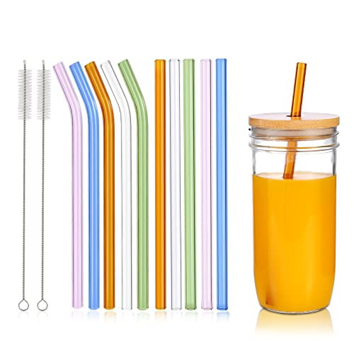 RENYIH 10 Pcs Reusable Glass Drinking Straws,9.05''x10 mm Colorful Glass Straws for Beverages,Milkshakes,Tea, Juice,Set of 5 Straight and 5 Bent with 2 Cleaning Brushes -Dishwasher Safe | Amazon (US)
