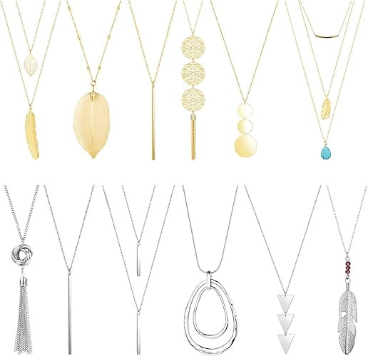 YADOCA 12PCS Long Pendant Necklace for Women Circle Bar Leaf Feather Triangle Tassel Y-Shaped Sta... | Amazon (US)
