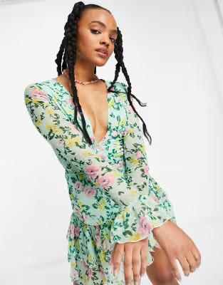 ASOS DESIGN dobby mini wrap dress with fluted sleeve in green ditsy floral print | ASOS (Global)