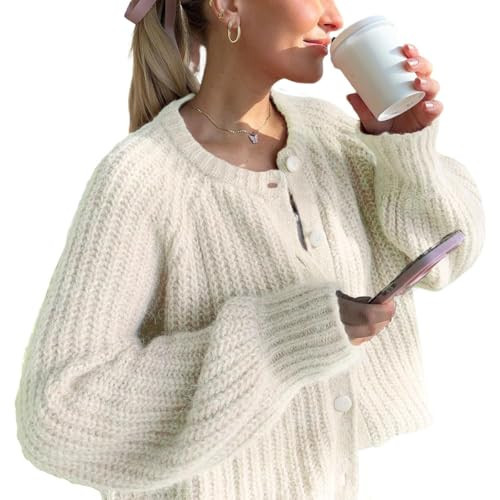 SHIZAIMEIYOU Chunky Knit Cardigan Sweater for Women Trendy Button Down Open Front Sweater Long Sleeve Casual Cardigan (Beige, Medium) | Amazon (US)