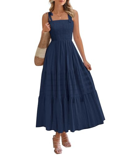 BTFBM Women's 2026 Spring Boho Spaghetti Strap Dress Casual Sleeveless Smocked A Line Beach Sundress Long Maxi Dresses(Navy Blue, X-Large) | Amazon (US)