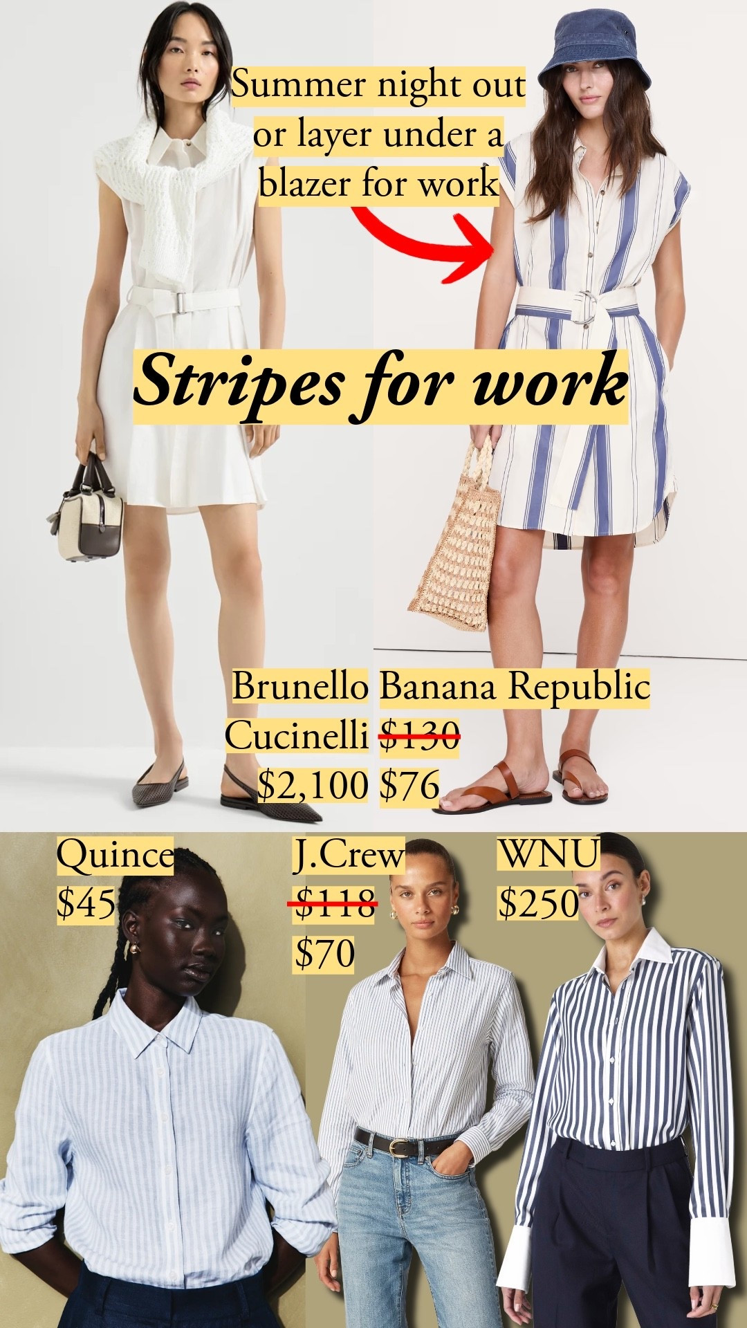 Striped pieces that layer easily and of course pass the test (placket, collar, and seams that line up). The Quince is linen and runs very fitted; I size up to a medium from my usual small. Go with a small if you intend only to wear it layered under a blazer or sweater. J.Crew's Jules is a classic fit, true to size. I'm in a 4, and it layers under blazers and sweaters without bulk. WNU gives you the classic banker stripe in a silky Tencel – soft sheen, breathable, and an impeccable cut. Banana Republic is the easy everyday win. Great for a summer night out and slides right under a blazer or cardigan for work – no bulk under the arms. striped button down shirt with matching stripes, cotton poplin shirt with shell buttons, affordable striped oxford shirt under 100, Tencel striped shirt with accent placket, classic blue striped button up, well tailored striped shirt with precise collar, striped wide leg pants with welt pocket, COS, J.Crew, Polo Ralph Lauren, With Nothing Underneath, Uniqlo, Boden, Banana Republic, Toteme, silk blouse, striped shirt dress, work outfit, office look, day to night

#LTKootd