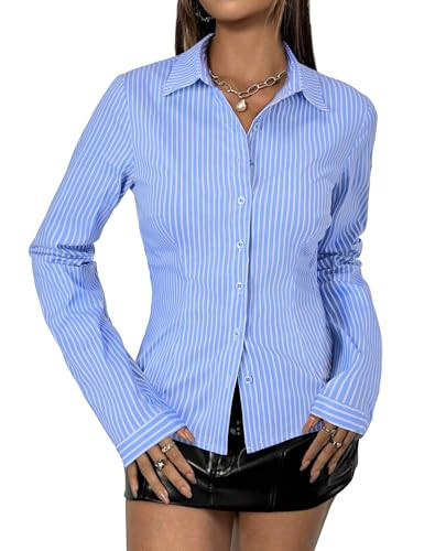 Blue Striped Button Down Shirt Women Y2k Striped Button Down Shirts Slim Fit Long Sleeve Boyfriend Blouses Lightweight Casual Comfortable Soft Daily Tunic Vintage Retro Classic Corste Tops Sky Blue L | Amazon (US)