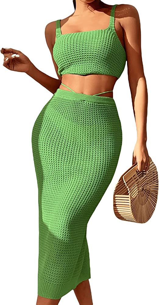 SheIn Women's Knitted Cover Up Set Two Pieces Sleeveless Tank Crop Top and Split Tie Back High Waist | Amazon (US)