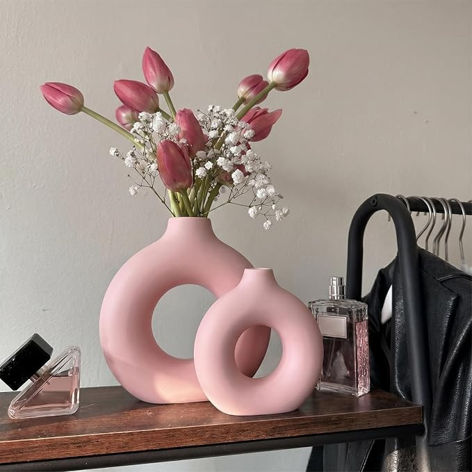 Pink Donut Vase Set of 2 Circle Hollow Vases Modern Matte Ceramic Decor for Pampas Grass Dried Fl... | Amazon (US)