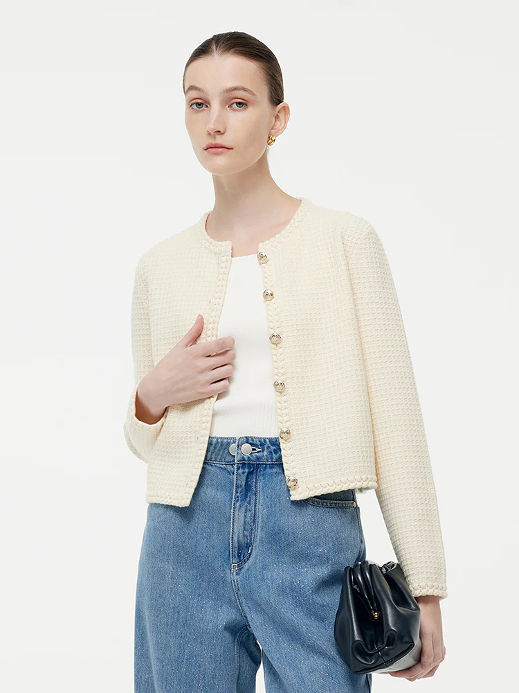 Tencel Wool Blend Round Neck Women Knit Cardigan | GOELIA