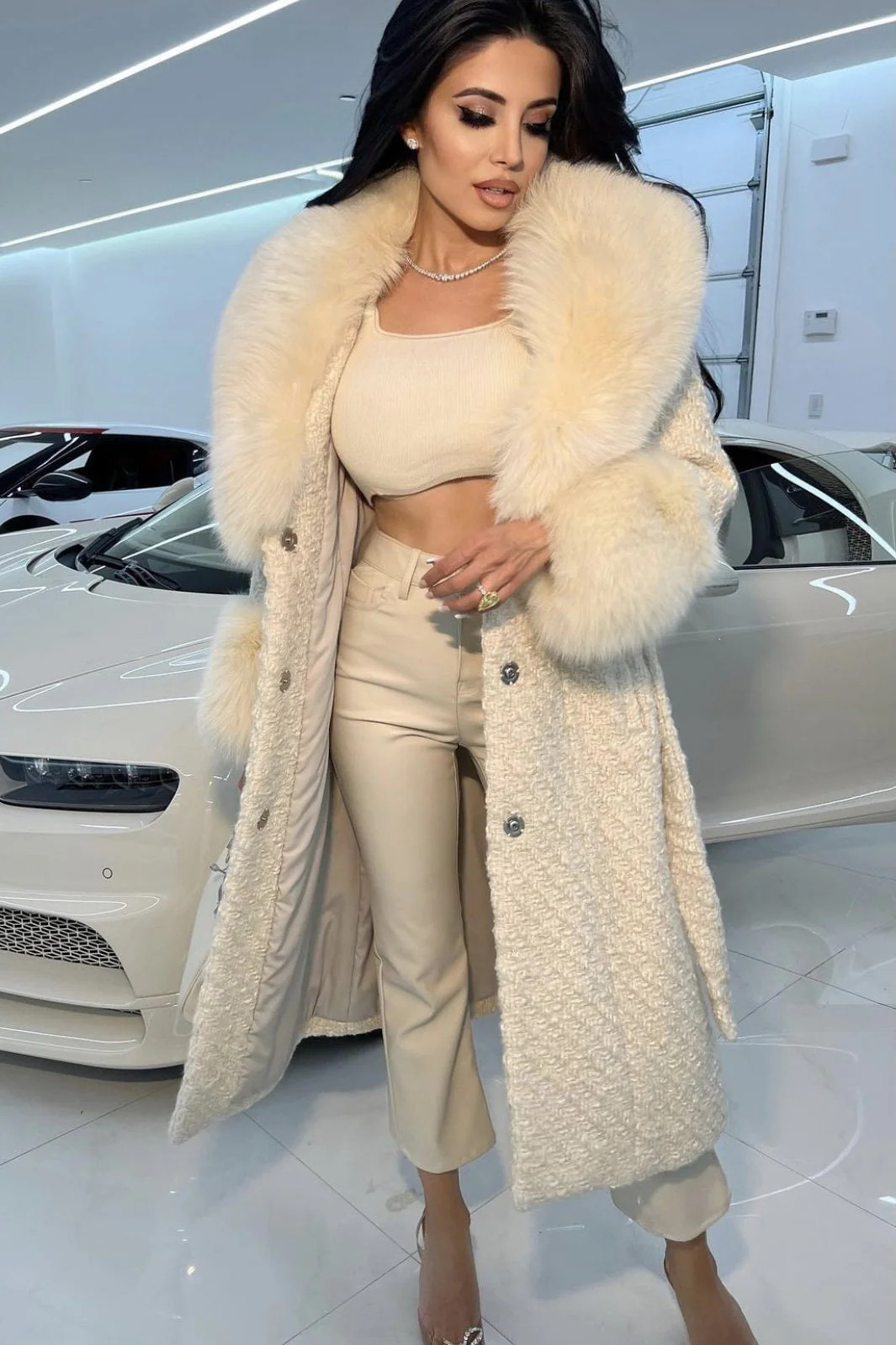 Jessica Bara Dierdra Fur and Wool Belted Long Coat As Seen On Leyla Milani Large / White | JESSICA BARA