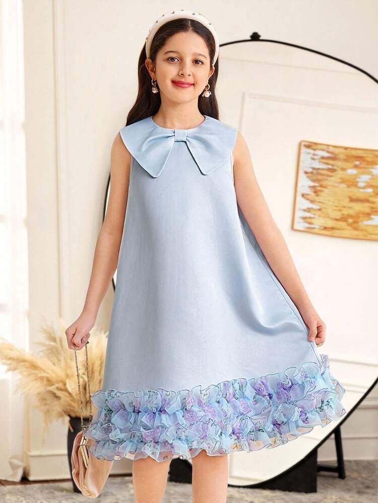 SHEIN Tween Girls Loose Elegant Mock Neck Sleeveless Bow Decor Floral Patchwork Ruffle Hem Dress | SHEIN