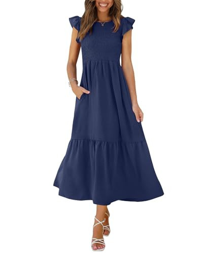 OFEEFAN Women's Navy Blue XXL Graduation Dress: A-Line Empire Waist, Flutter Sleeve, Ankle Length, Solid, Casual, Dress | Amazon (US)