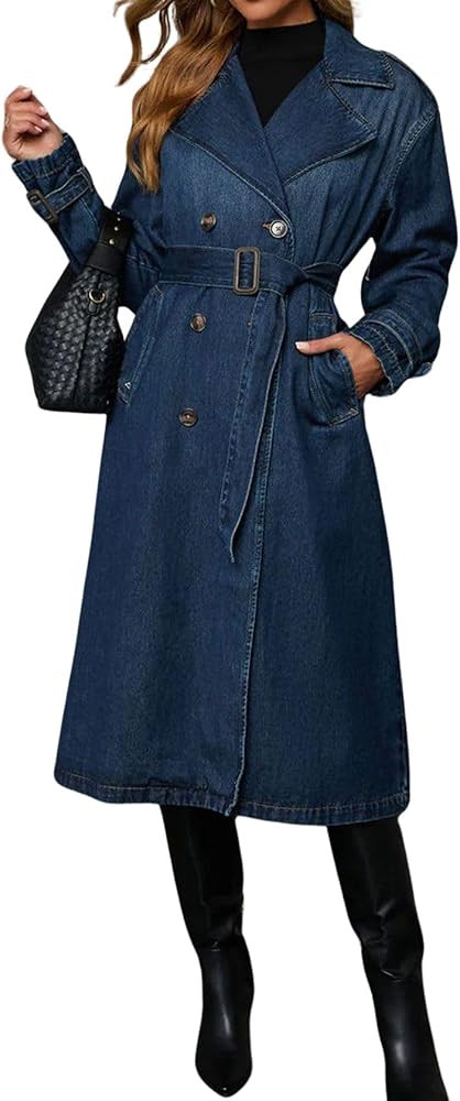 loveimgs Women Vintage Double Breasted Mid Long Denim Jacket Jean Trench Coat Duster Blazer Jacke... | Amazon (US)