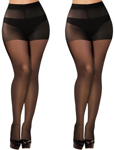 Buauty 2 Pairs Sheer Black Tights for Women -20D High Waist women's Pantyhose,Plus Size Nylon Stockings LBlack | Amazon (US)