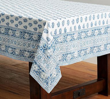 Block Print Floral Cotton Tablecloth - Blue | Pottery Barn (US)