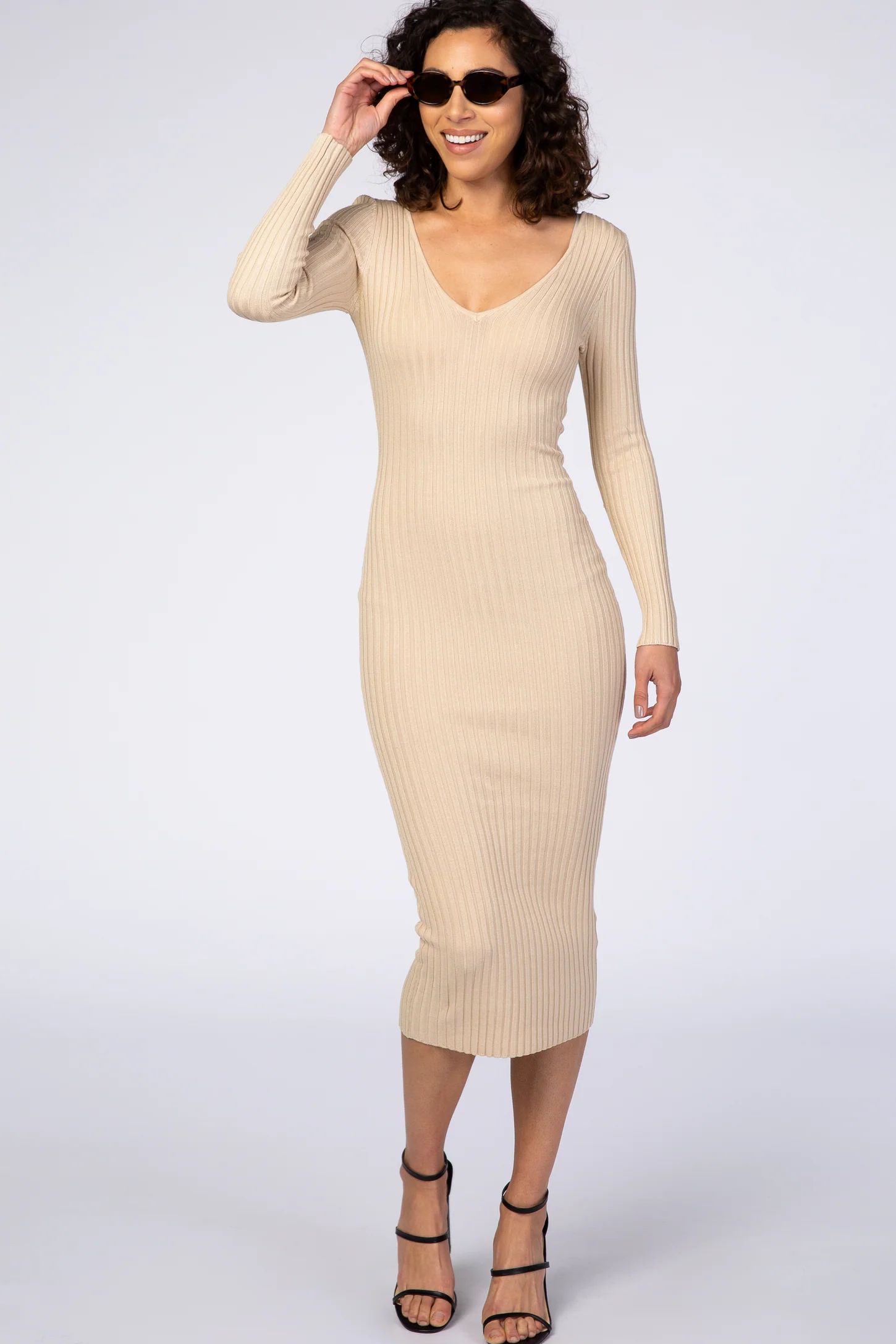 Taupe V-Neck Long Sleeve Fitted Maxi Dress | PinkBlush Maternity